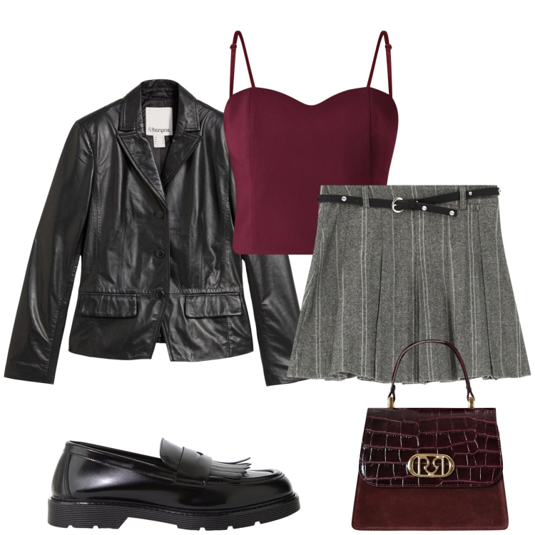 Outfit donna - Quel tocco Borgogna. Stile Glamour per Serata fuori. Abbinamento con blazer, top, borse a mano, mocassini, gonne.