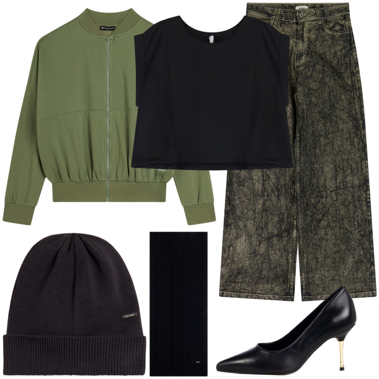 Outfit donna - Felpa e jeans. Stile Casual chic per Tutti i giorni. Abbinamento con décolleté, top, felpe, sciarpe, cappelli, jeans.