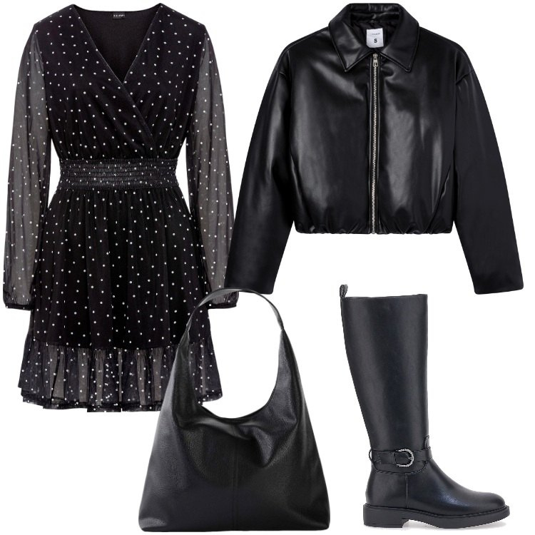 Outfit donna - Total look #2244316. Stile Trendy per Scuola/Università. Abbinamento con vestiti corti, shopping bag, giacche, stivali sopra il ginocchio.