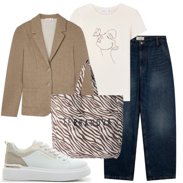 Outfit donna - sporty blazer. Stile Basic per Scuola/Università. Abbinamento con blazer, t-shirt, jeans, borse tote, sneakers.