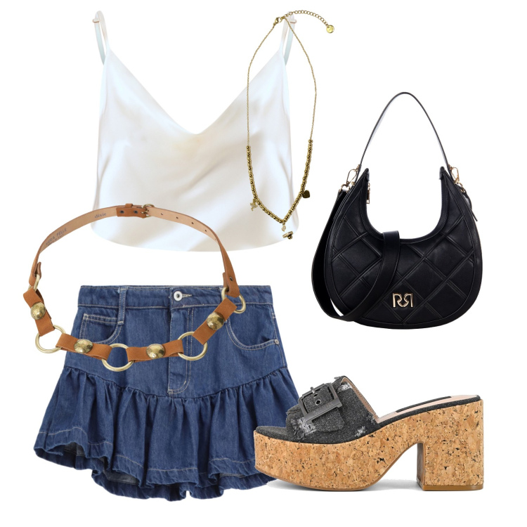 Outfit donna - Total look #2244322. Stile Casual per Tutti i giorni. Abbinamento con borse a tracolla, canottiere, minigonne, ciondoli, cinture, sandali.
