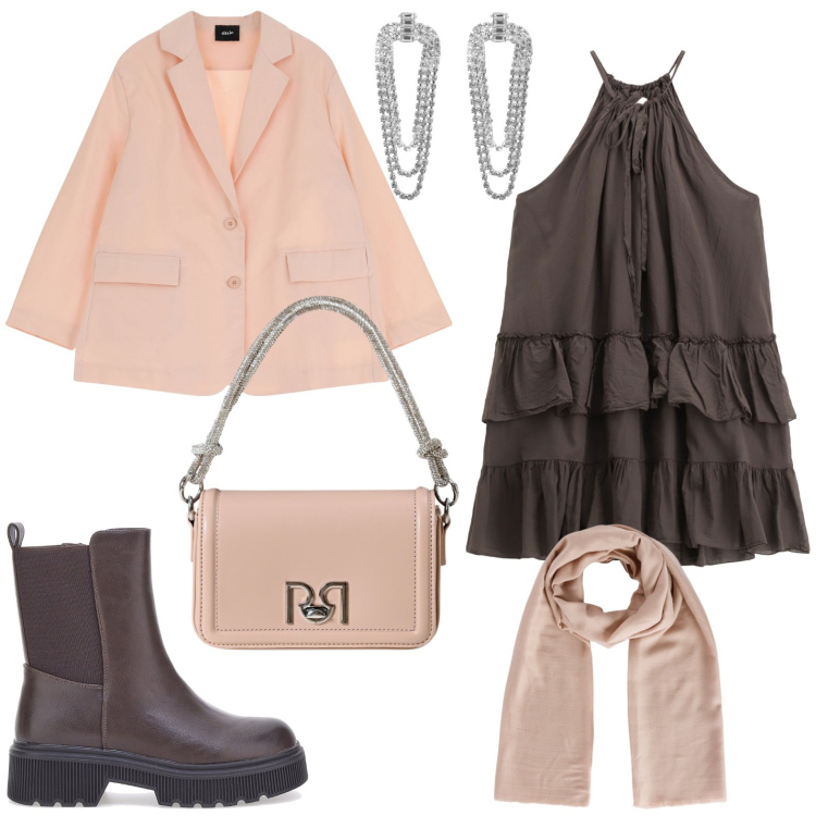 Outfit donna - 18 anni. Stile Glamour per Cerimonia. Abbinamento con foulard, orecchini, borse a mano, blazer, vestiti corti, stivaletti.