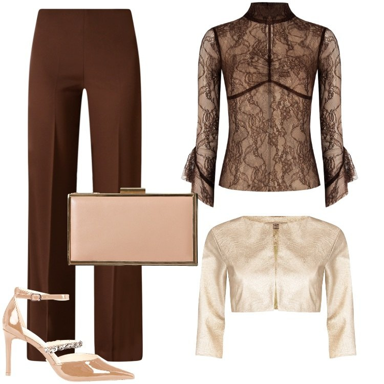 Outfit donna - Total look #2244326. Stile Glamour per Cerimonia. Abbinamento con maglieria, pantaloni a palazzo, bolero, pochette, décolleté.