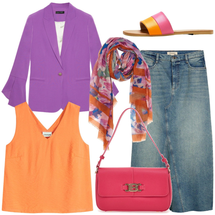 Outfit donna - Foulard colorato. Stile Chic per Tutti i giorni. Abbinamento con gonne, ciabatte, top, blazer, sciarpe, borse a spalla.