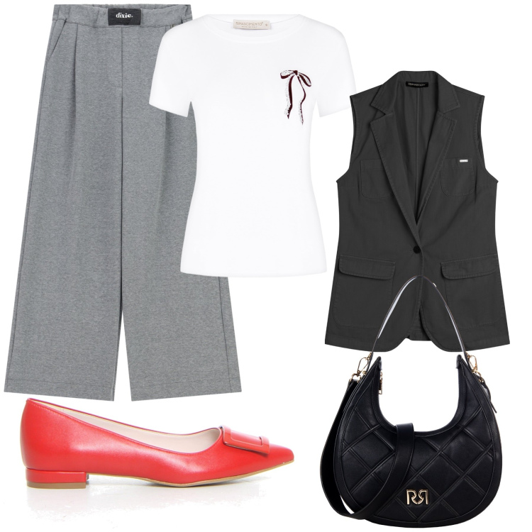 Outfit donna - W le donne. Stile Glamour per Ufficio. Abbinamento con borse a tracolla, t-shirt, pantaloni a palazzo, gilet, ballerine.