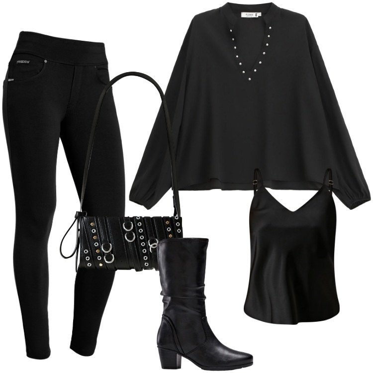 Outfit donna - Total look #2244332. Stile Rock per Serata fuori. Abbinamento con stivali, borse a spalla, top, camicie, pantaloni skinny.