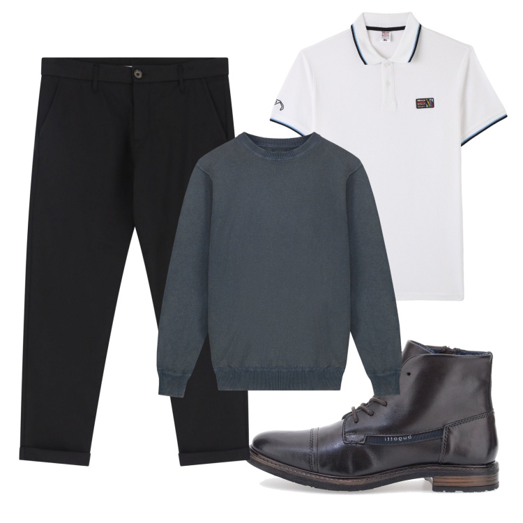 Outfit uomo - Total look #2244333. Stile Business/Elegante per Ufficio. Abbinamento con polo, pantaloni chino, stivali e stivaletti, maglieria.