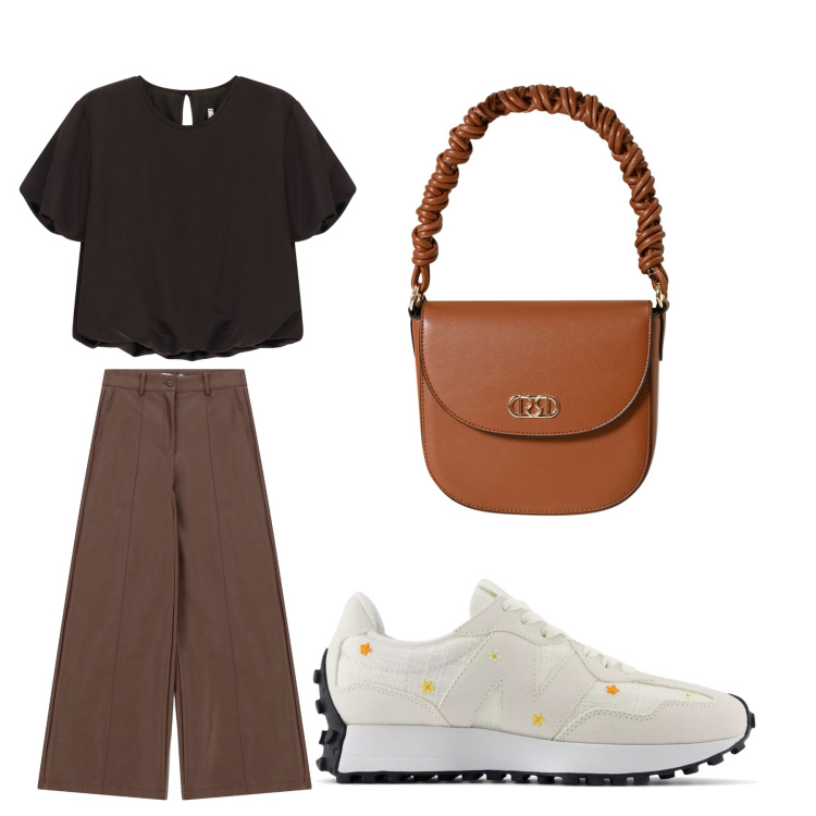 Outfit donna - Aperitivo. Stile Trendy per Tutti i giorni. Abbinamento con sneakers, borse a mano, pantaloni a palazzo, camicie a manica corta.