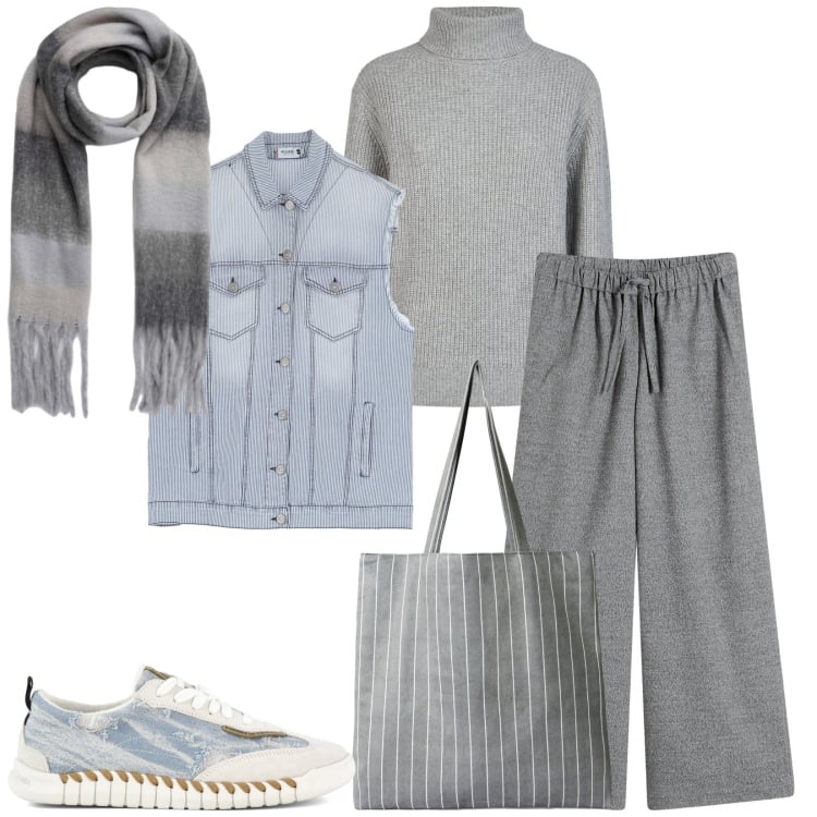 Outfit donna - Urban style. Stile Casual per Tutti i giorni. Abbinamento con pantaloni a palazzo, sciarpe, shopping bag, gilet, sneakers, maglieria.
