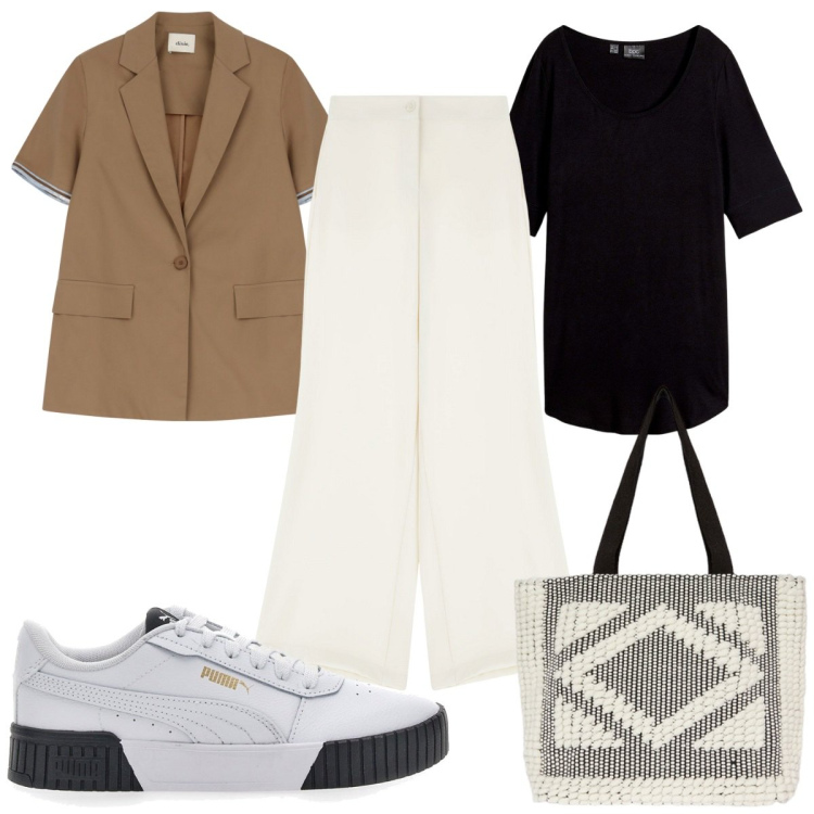 Outfit donna - Total look #2244361. Stile Trendy per Tutti i giorni. Abbinamento con maglieria, pantaloni, blazer, sneakers, shopping bag.