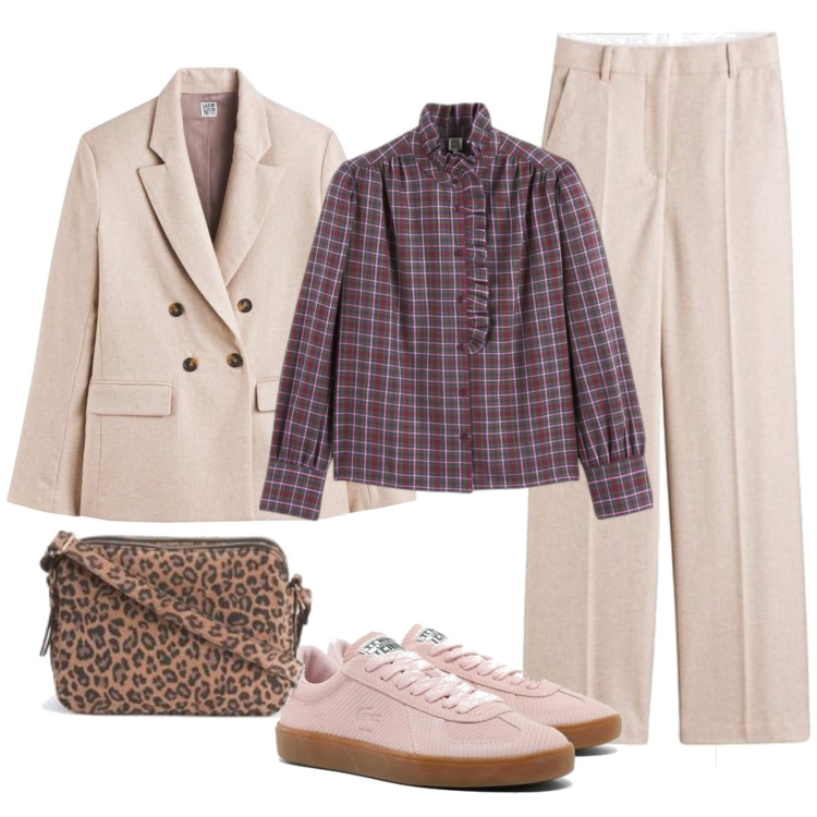 Outfit mujer - Sporty chic #3046. Estilo Sporty chic para Oficina. Combinación con blazers, bolsos de mano, pantalones palazzo, camisas, sneakers.