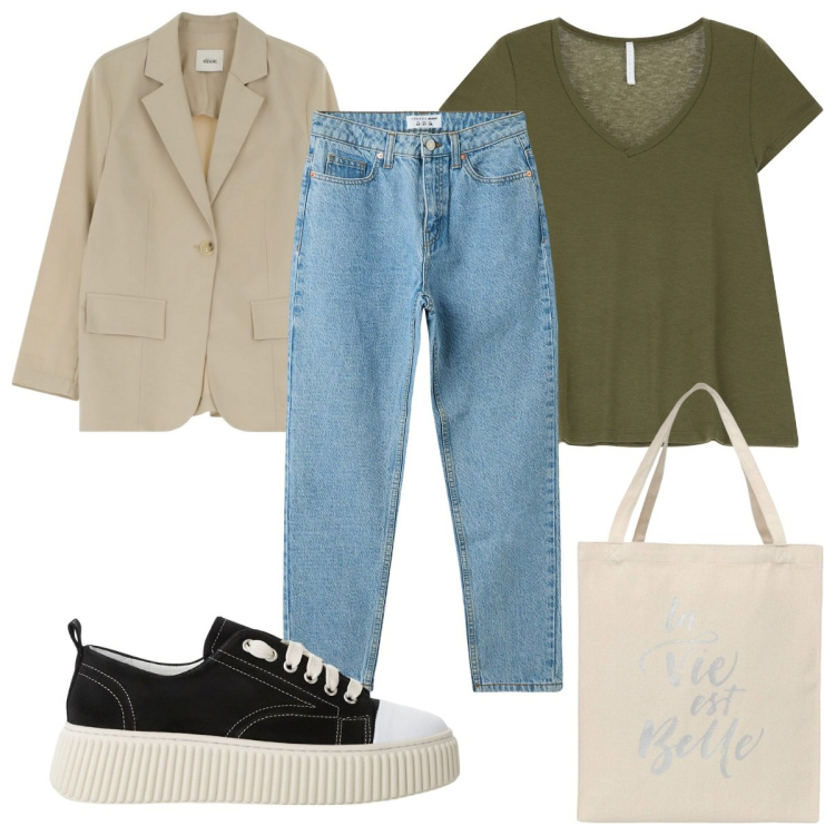 Outfit donna - Total look #2244368. Stile Basic per Tutti i giorni. Abbinamento con jeans mom, borse tote, sneakers, t-shirt, blazer.