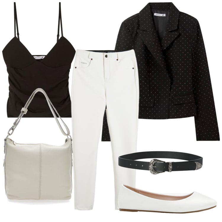 Outfit donna - Torno in ufficio. Stile Casual per Ufficio. Abbinamento con ballerine, canottiere, blazer, cinture, pantaloni skinny, borse a spalla.