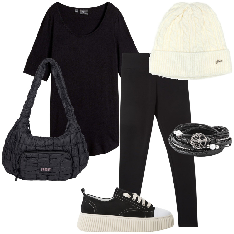 Outfit donna - Comoda in leggings. Stile Basic per Tutti i giorni. Abbinamento con maglieria, braccialetti, leggings, sneakers, borse a spalla, berretti.
