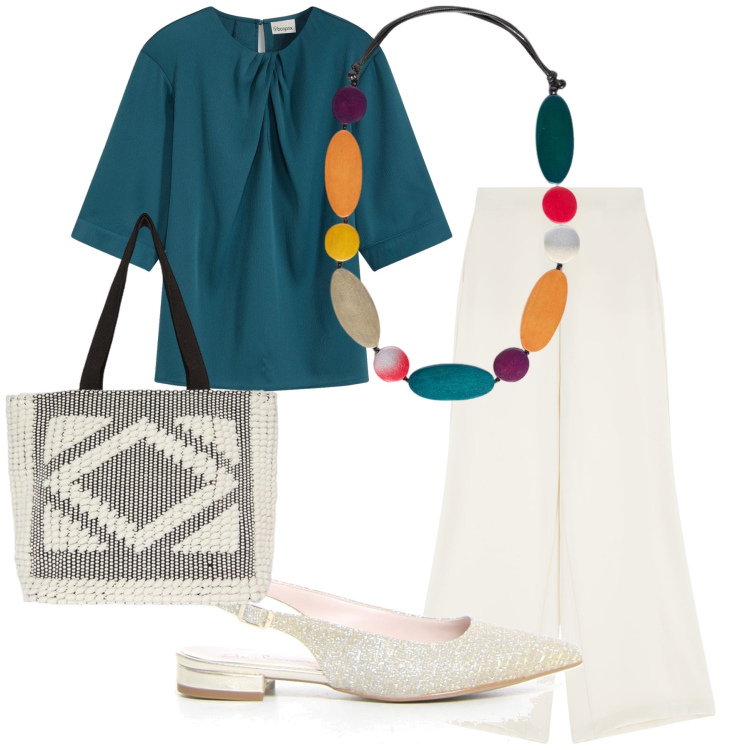 Outfit donna - Blusa da ufficio. Stile Urban per Ufficio. Abbinamento con bluse, pantaloni, collane, shopping bag, décolleté.