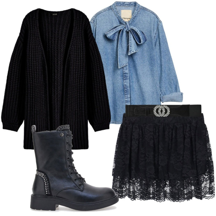 Outfit donna - Pizzo e sporty. Stile Sporty chic per Serata fuori. Abbinamento con cardigans, camicie, cinture, minigonne, anfibi.