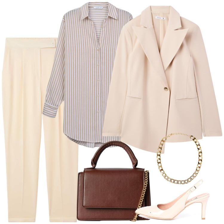Outfit donna - Rientro in chiaro. Stile Casual chic per Ufficio. Abbinamento con blazer, pantaloni chino, camicie, collane, borse a tracolla, décolleté.