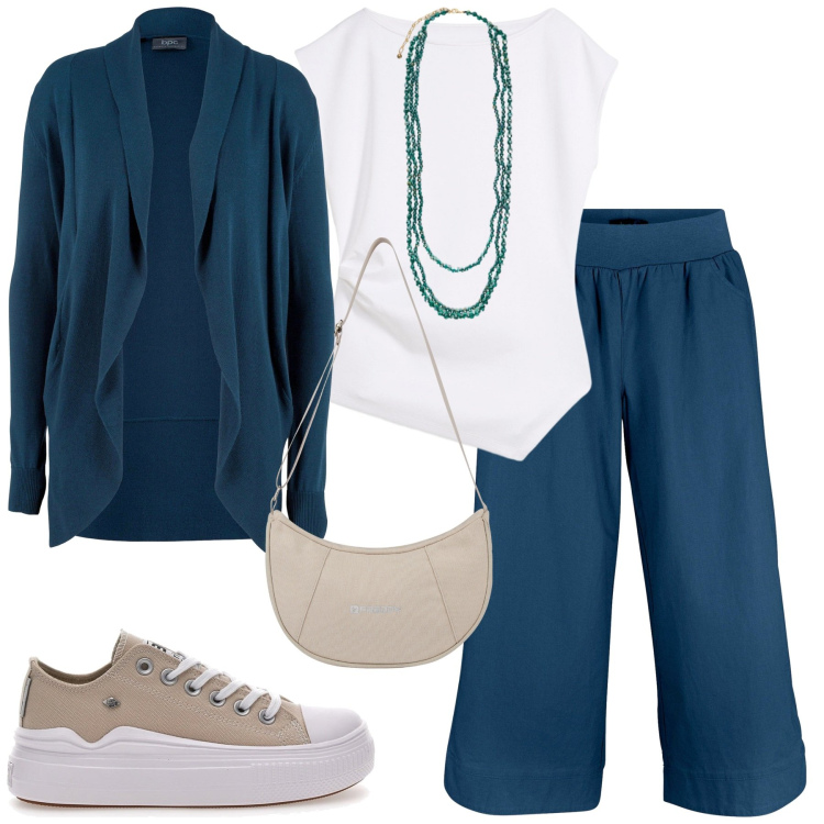 Outfit donna - Total look #2244405. Stile Minimal per Tutti i giorni. Abbinamento con cardigans, pantaloni, top, borse a spalla, sneakers, collane.