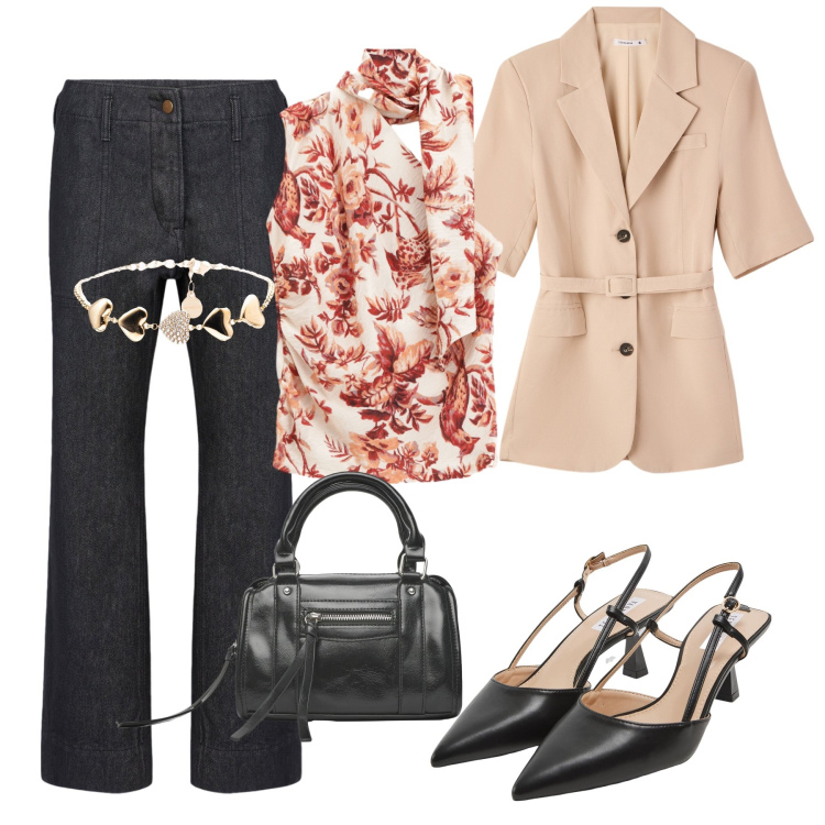 Outfit donna - Total look #2244413. Stile Casual chic per Ufficio. Abbinamento con sabot, blazer, borse a mano, braccialetti, top, pantaloni.