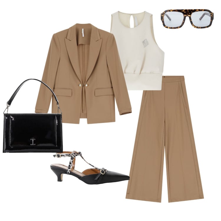 Outfit donna - I primi giorni d\'autunno. Stile Casual chic per Tutti i giorni. Abbinamento con top, décolleté, pantaloni a palazzo, occhiali da sole, borse a tracolla, blazer.