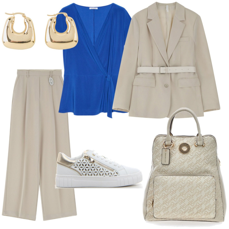 Outfit donna - A lavoro con comodità. per Scuola/Università. Abbinamento con orecchini, pantaloni, blazer, bluse, zaini, sneakers.