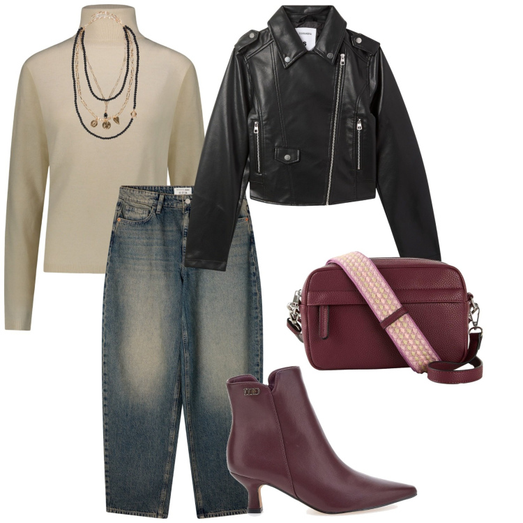 Outfit donna - Con l\'amica mia. per Tutti i giorni. Abbinamento con borse a tracolla, jeans, giacche, stivaletti, pullovers, collane.