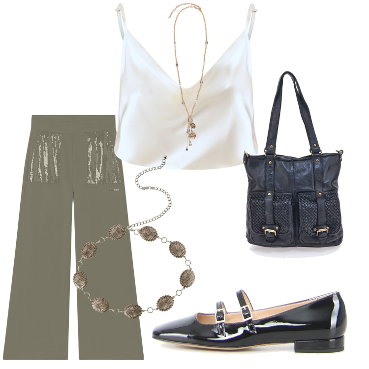 Outfit donna - Total look #2244422. Stile Urban per Ufficio. Abbinamento con cinture, canottiere, pantaloni, ciondoli, borse a spalla, ballerine.