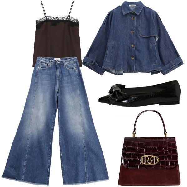 Outfit donna - Il ritorno del total denim. Stile Rock per Tutti i giorni. Abbinamento con ballerine, borse a mano, jeans a zampa, blazer, canottiere.