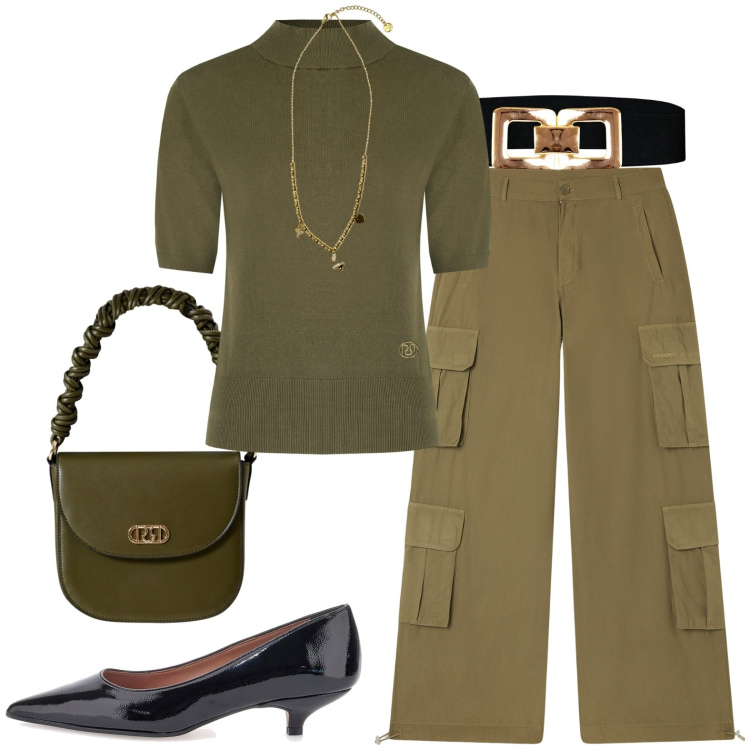 Outfit donna - Olivella. Stile Casual per Ufficio. Abbinamento con pullovers, cinture, borse a mano, pantaloni cargo, ciondoli, décolleté.