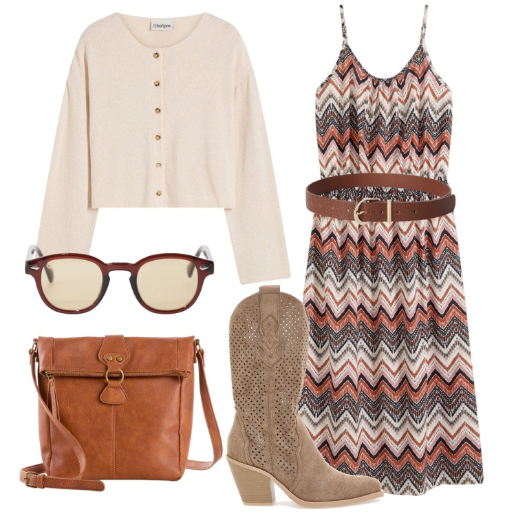 Outfit donna - L’etnico di fine estate. Stile Etnico per Tutti i giorni. Abbinamento con vestiti, borse a tracolla, cardigans, cinture, occhiali da sole, stivaletti.
