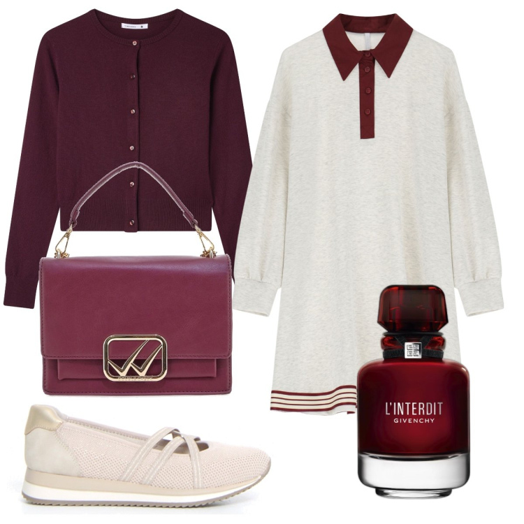 Outfit donna - Stile college. Stile Bon Ton per Scuola/Università. Abbinamento con profumi, cardigans, vestiti corti, borse a tracolla, ballerine.