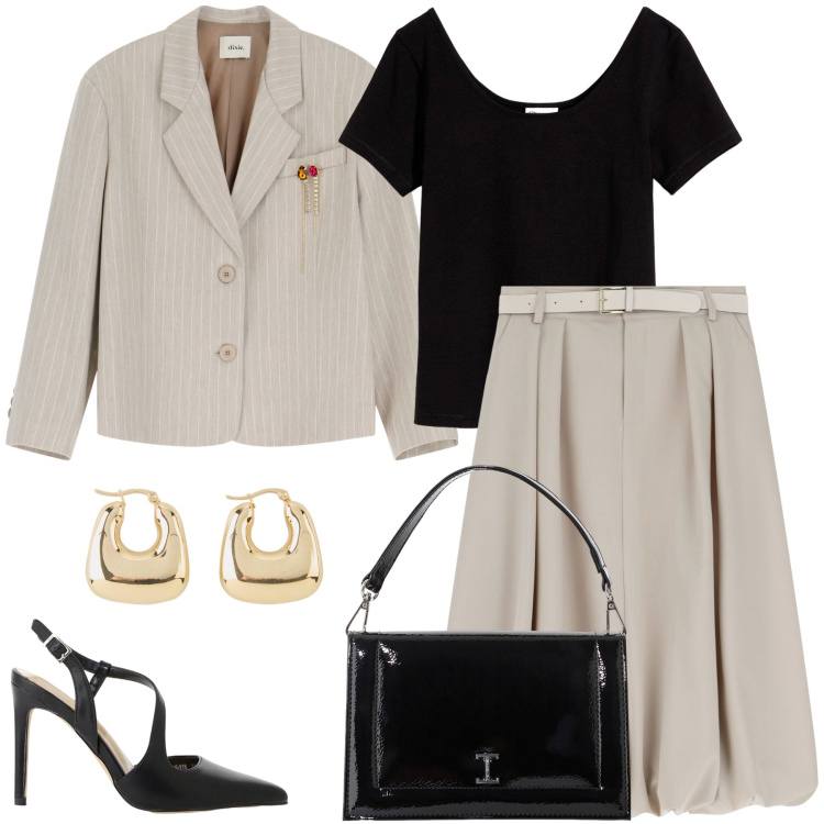 Outfit donna - In ufficio a settembre. Stile Casual chic per Ufficio. Abbinamento con t-shirt, orecchini, décolleté, gonne longuette, borse a tracolla, blazer.