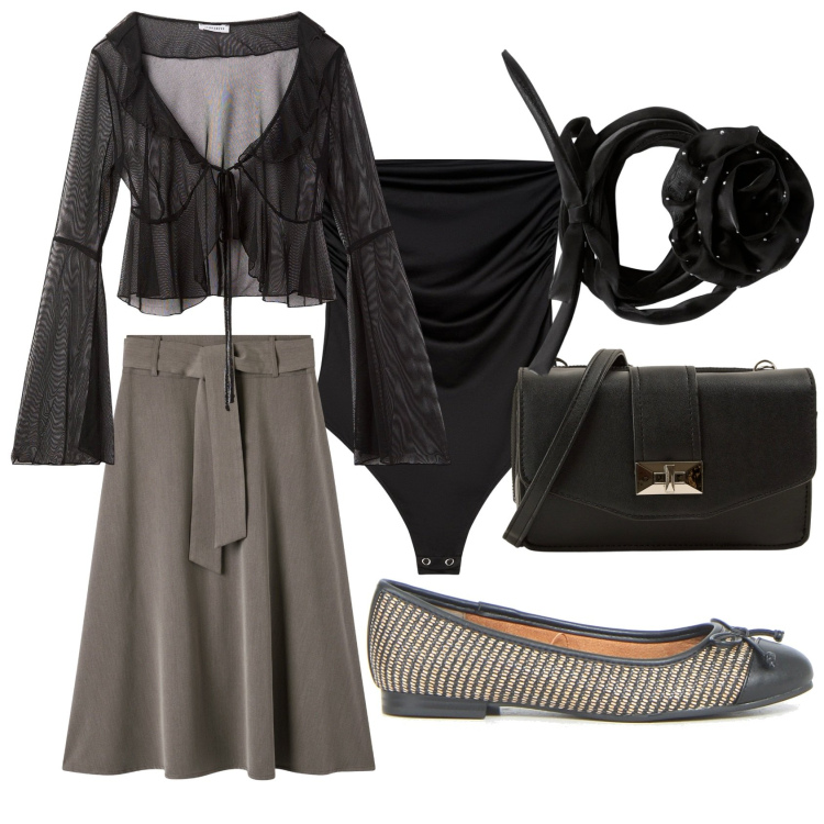 Outfit donna - Serata in grigio e nero. Stile Romantica per Serata fuori. Abbinamento con gonne lunghe, bolero, collane, body, borse a tracolla, ballerine.