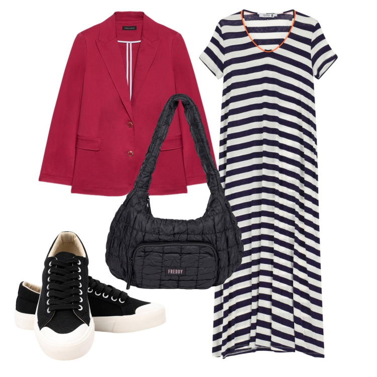 Outfit donna - Fine estate. Stile Sporty chic per Ufficio. Abbinamento con vestiti lunghi, borse a spalla, sneakers, blazer.