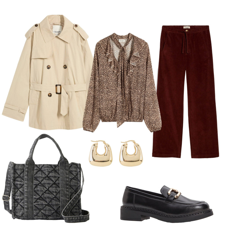 Outfit donna - Autunno Bonprix. Stile Casual per Ufficio. Abbinamento con pantaloni, trench, camicie, borse a mano, orecchini, mocassini.