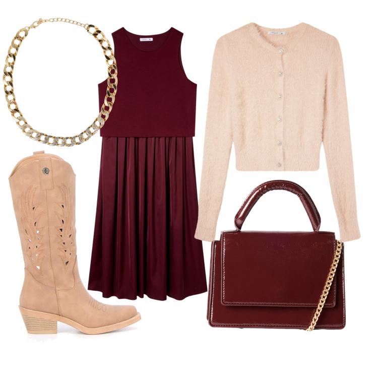 Outfit donna - Romantica, un po\' boho. Stile Romantica per Tutti i giorni. Abbinamento con vestiti midi/longuette, cardigans, collane, borse a tracolla, stivali.
