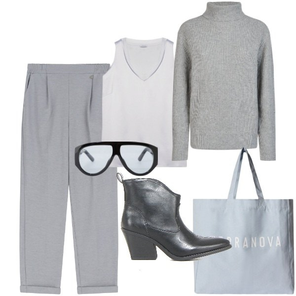 Outfit donna - Il grigio quasi azzurro. Stile Minimal per Tutti i giorni. Abbinamento con borse tote, occhiali da sole, pantaloni, maglieria, top, stivaletti.