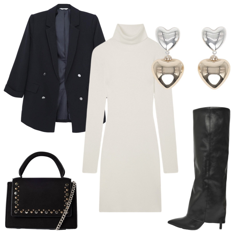 Outfit donna - Oro/argento panna/nero. Stile Glamour per Serata fuori. Abbinamento con vestiti corti, blazer, borse a tracolla, stivali, orecchini.