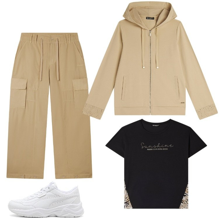 Outfit donna - Total look #2244517. Stile Casual per Ufficio. Abbinamento con felpe con cappuccio, pantaloni cargo, t-shirt, sneakers.