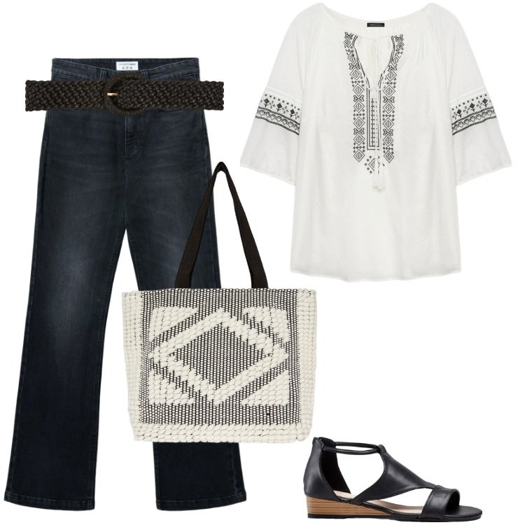 Outfit donna - Total look #2244523. Stile Boho per Ufficio. Abbinamento con sandali, jeans bootcut, cinture, bluse, shopping bag.