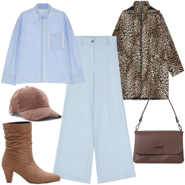 Outfit donna - Cappottino maculato. Stile Urban per Tutti i giorni. Abbinamento con stivaletti, camicie, cappotti, pantaloni a palazzo, borse a tracolla, cappelli.