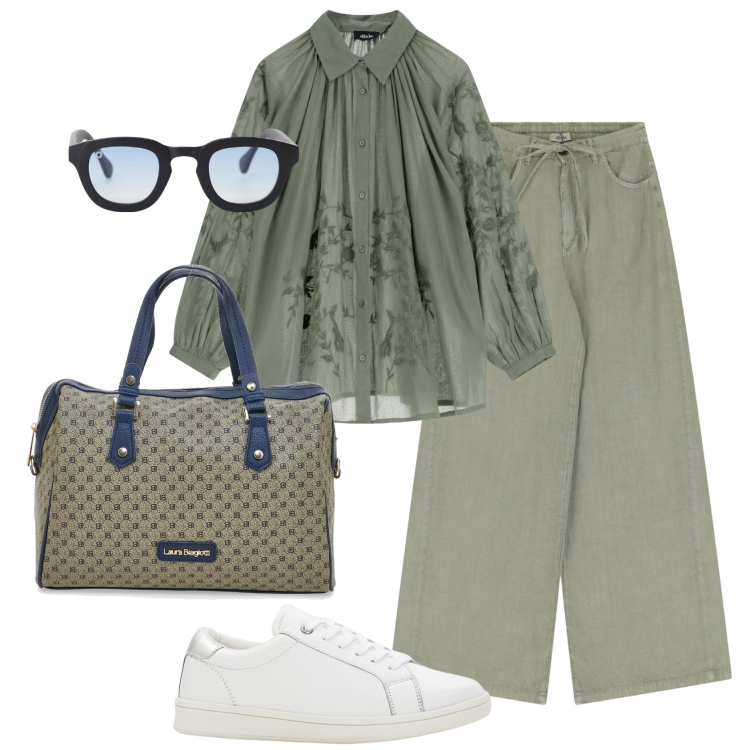 Outfit donna - Verde soft. Stile Romantica per Tutti i giorni. Abbinamento con sneakers, occhiali da sole, camicie, pantaloni, borse a spalla.