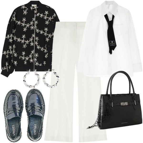 Outfit donna - Mannish bianco e nero. Stile Mannish per Ufficio. Abbinamento con orecchini, borse a mano, bomber, camicie, pantaloni, mocassini.
