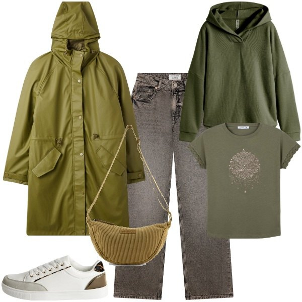 Outfit donna - Giornate piovose autunnali. Stile Urban per Tutti i giorni. Abbinamento con felpe, cappotti, sneakers, t-shirt, jeans, borse a tracolla.