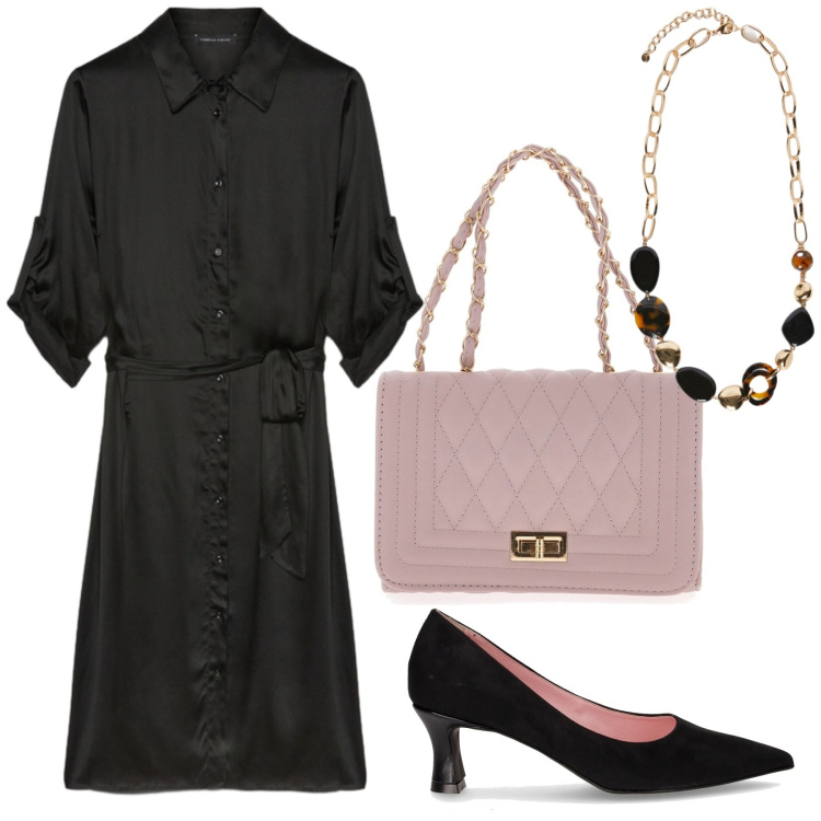 Outfit donna - Abito chemisier. Stile Chic per Serata fuori. Abbinamento con borse a tracolla, vestiti chemisier, décolleté, collane.