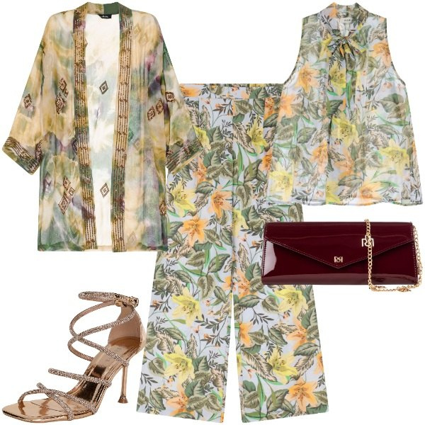 Outfit donna - Cerimonia al Sud. Stile Chic per Cerimonia. Abbinamento con sandali col tacco, pochette, trench, top, pantaloni.