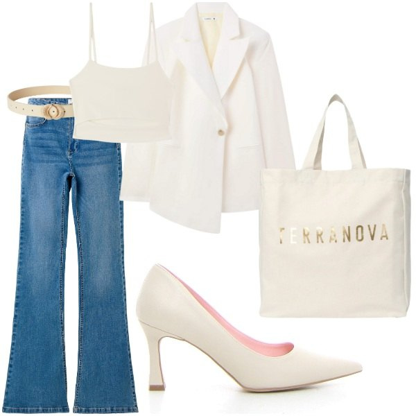 Outfit donna - il bianco panna. Stile Casual per Tutti i giorni. Abbinamento con blazer, cinture, borse tote, jeans a zampa, canottiere, décolleté.