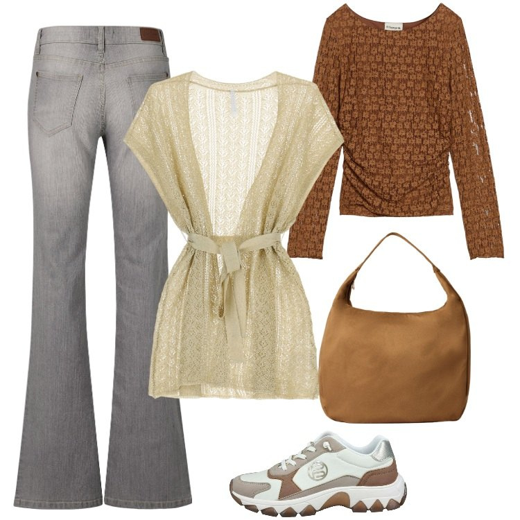 Outfit donna - Total look #2244555. Stile Boho per Tutti i giorni. look ideale per Tall. Abbinamento con maglieria, jeans bootcut, borse a mano, cappotti, sneakers.