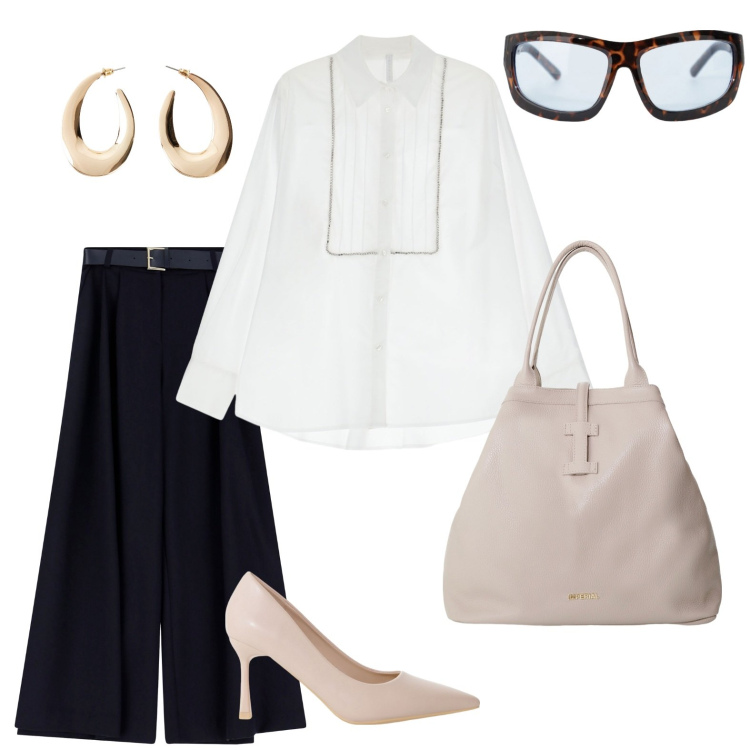 Outfit donna - Camicia bianca elegante. Stile Chic per Ufficio. Abbinamento con orecchini, décolleté, occhiali da sole, camicie, borse tote, pantaloni a palazzo.