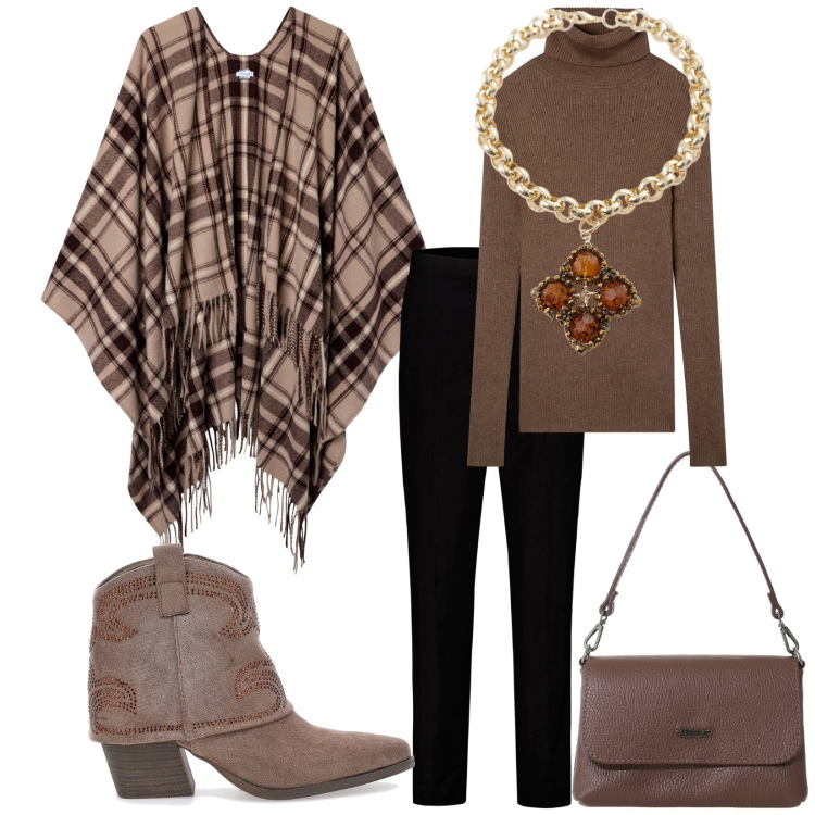 Outfit donna - Total look #2244558. Stile Casual chic per Tutti i giorni. Abbinamento con maglieria, cappotti, collane, borse a tracolla, stivaletti texani, pantaloni.